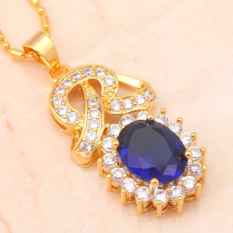 Delicado Tono Oro Pendiente del Collar de la Joyería Anillo de Establecer Zircon Austriaco de Cristal Azul Anillo Sz #8 #7 #9 JS431 2