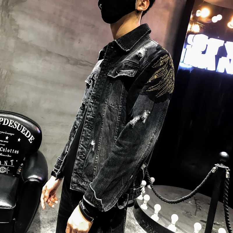 La ropa de calle agujero chaqueta de mezclilla de moda águila parche bordado chaqueta de mezclilla de la marca capa de punk lentejuelas slim negro chaqueta de mezclilla 2
