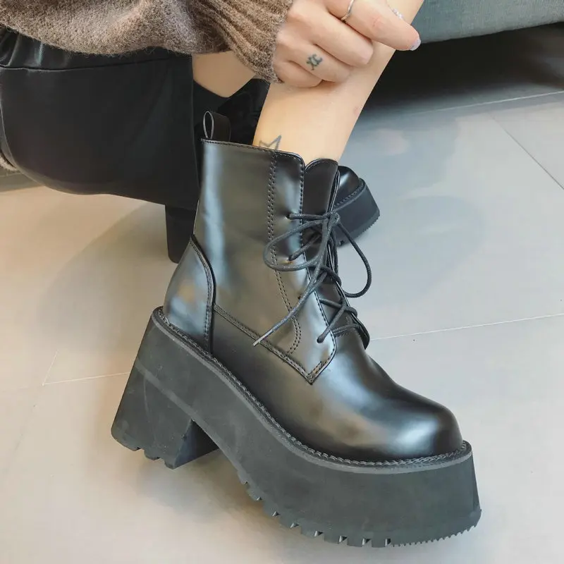 Botas de cuero 2020 de la Moda de Tacón Grueso Botas de Tobillo de las Mujeres zapatos de Tacón Alto de Invierno Cálido Zapatos de Mujer botas de color negro zapatos de plataforma B460 2