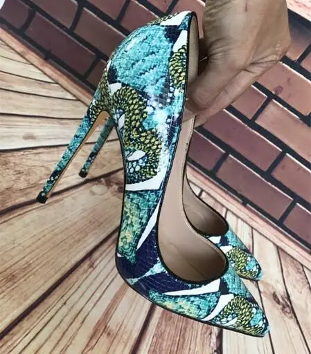 Clásicos de la marca de las mujeres de tacón alto zapatos de suela roja de 8 cm 10 cm 12 cm azul de piel de Serpiente patrón de la boda zapatos de fino tacón de punta 35-44 bolsa 2