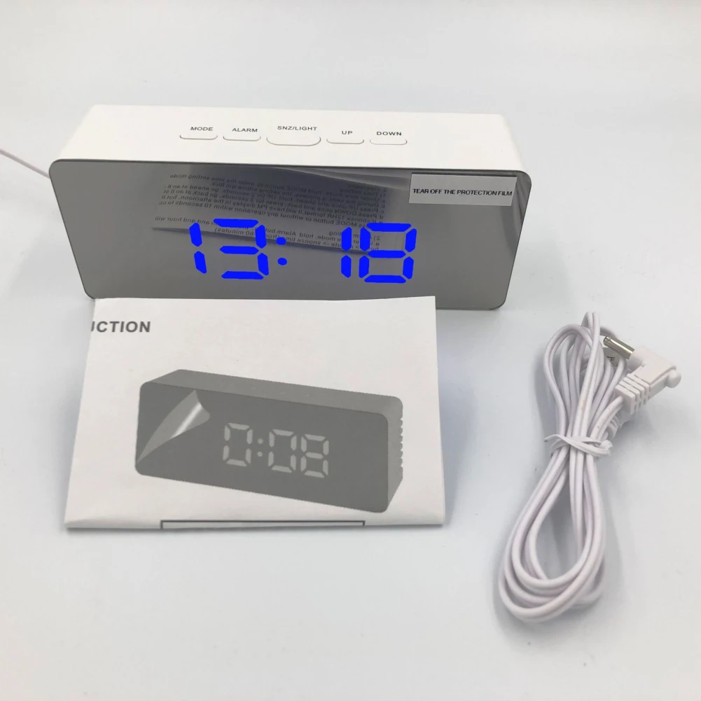 USB LED Digital Reloj de Alarma 12H 24H, Alarma y Función de Repetición de alarma Espejo Reloj Interior Termómetro Electrónico de Escritorio Relojes de Mesa 2