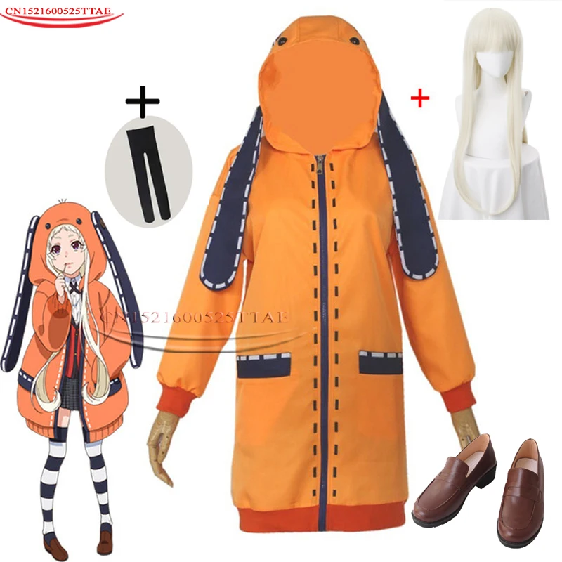 Anime Kakegurui Traje de Cosplay Jugador Compulsivo Runa Yomotsuki Sudadera con capucha de las Mujeres de las Niñas Abrigo Chaqueta Naranja con Calcetines cosplay Pelucas 2