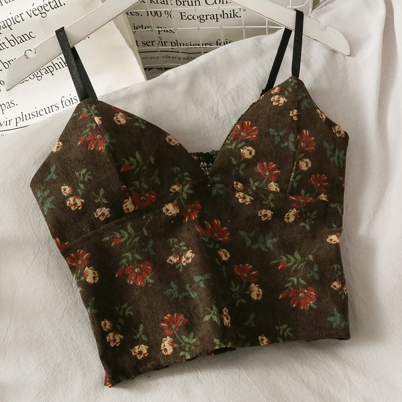 Floral corto de pana de la cintura que adelgaza la camisola de las mujeres Tops 2020 otoño delgado plisado de impresión camisola Vintage Camis tops para las mujeres 2