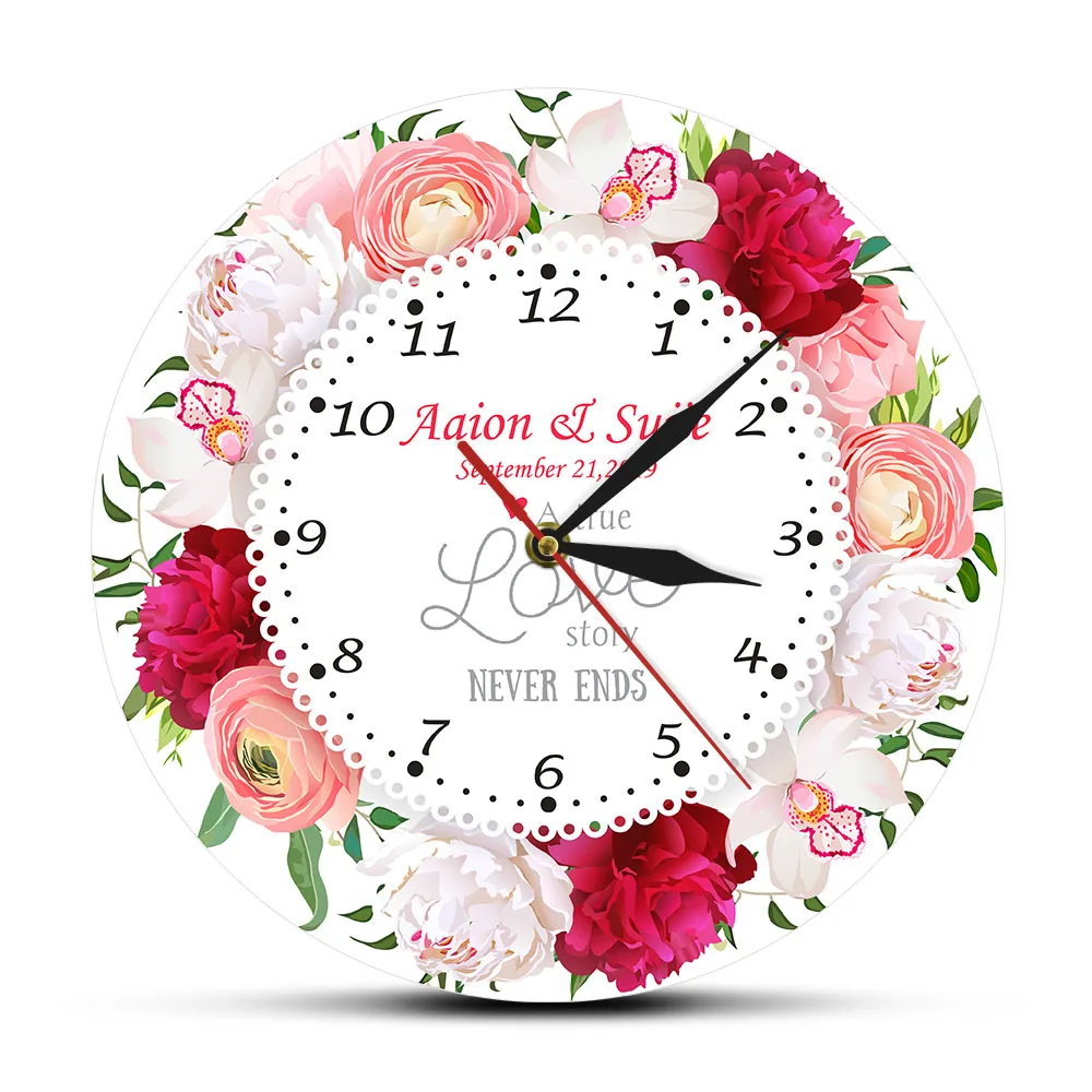 Una Verdadera Historia De Amor Nunca Termina Nombre Personalizado Casado Fecha Moderno Reloj De Pared Aniversario Floral De La Pared Reloj Personalizado Del Regalo De Boda 2