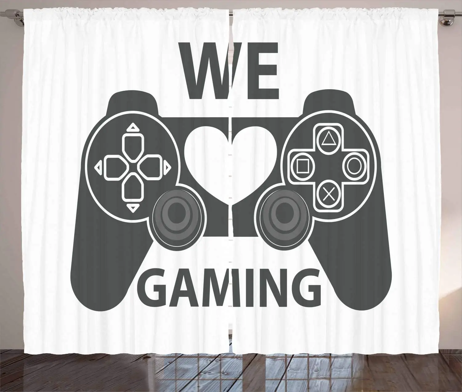 Gamer Cortinas Nos Encantan los Juegos de Palabras en escala de grises de Diseño del Controlador con el Corazón en El Medio de la Sala Ventana del Dormitorio Cortinas Blancas 2