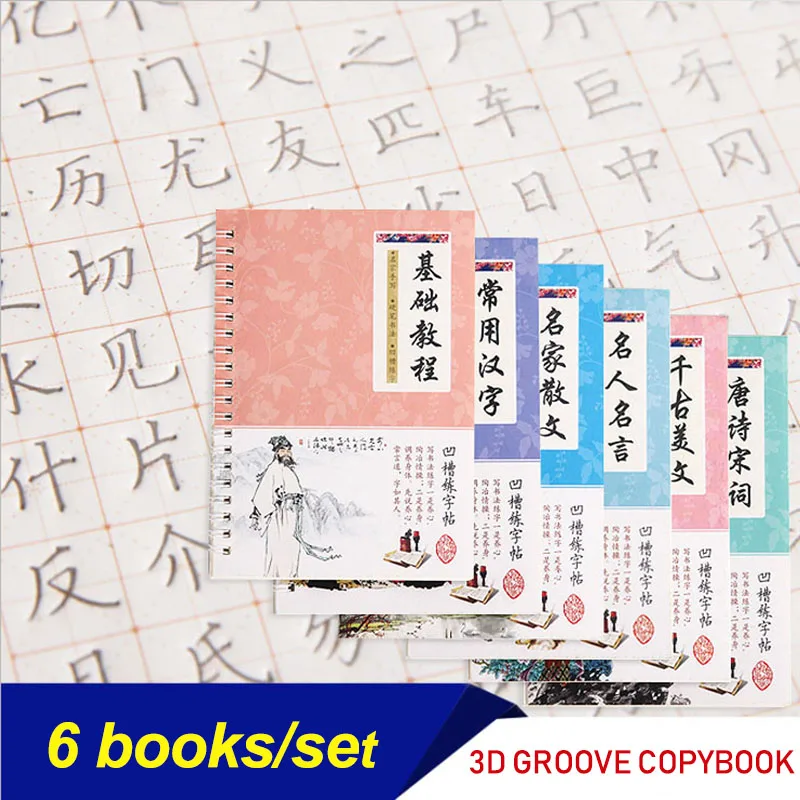 2020 6Pcs/Juegos 3D Caracteres Chinos Reutilizables Groove Caligrafía Cuaderno bolígrafo Borrable Aprender hanzi Adultos de Arte de los Libros de la escritura 2