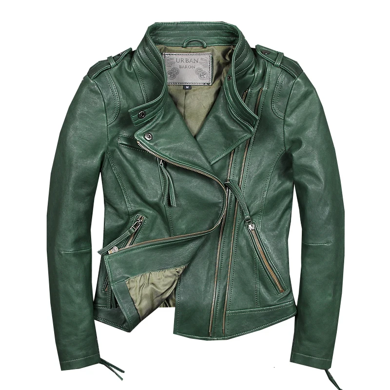 Genuino de la Mujer Real de piel de Oveja de Cuero de la Motocicleta Chaqueta de Abrigo Casual Slim Verde Otoño Invierno jaqueta de couro 2