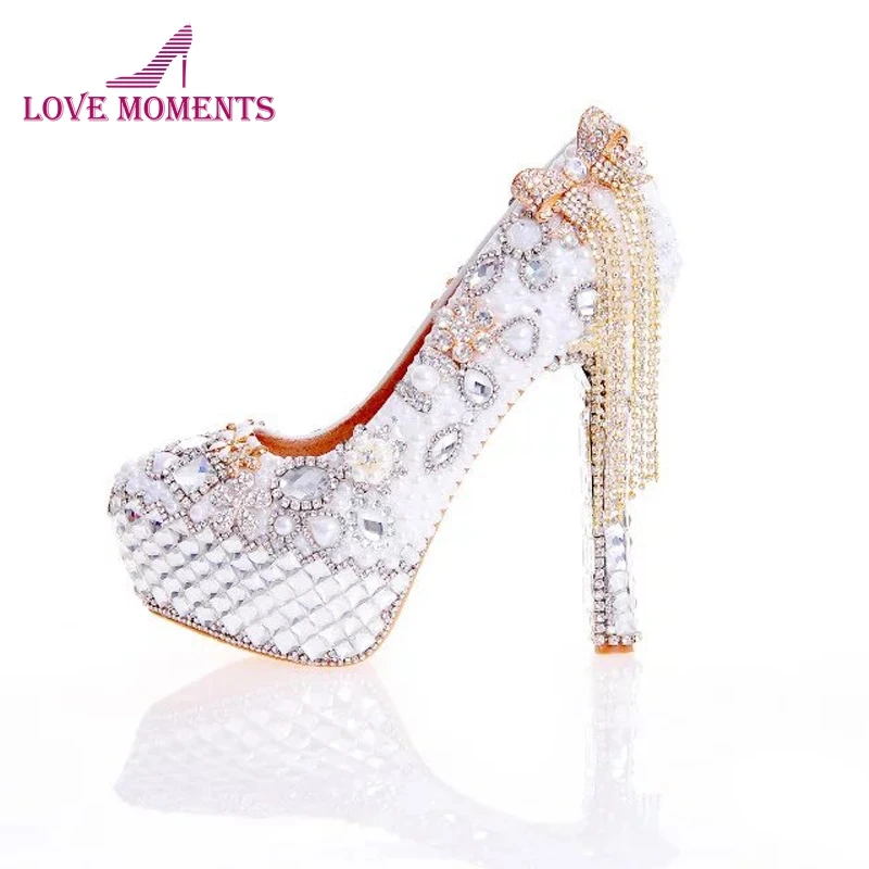 2018 de la Nueva Llegada de las Mujeres Zapatos de Tacón de color Blanco Perla y Cristal de la Boda Zapatos de Vestir con Arco de la Borla de diamante de imitación de Fiesta de Graduación Bombas 2