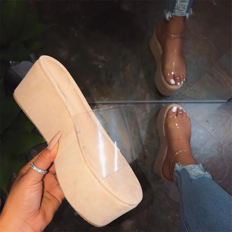 Impermeable de la plataforma de tacón alto de PVC de la primavera verano de las nuevas mujeres al aire libre, sandalias de playa de la impresión en color antideslizante durable zapatillas de damas 2