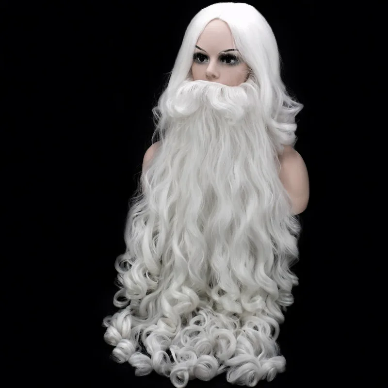 80 cm de Largo Navidad Disfraces Pelucas de Santa Claus Peluca y la Barba de 60cm de Pelo Sintético SantaClaus Cosplay Pelucas + Casquillo de la Peluca 2