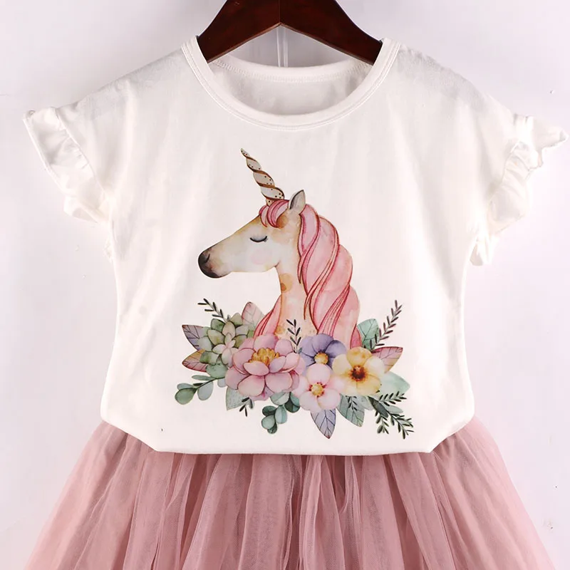 Los niños trajes de las niñas juego de ropa de 2018 nuevo y mágico unicornio patrón de la camiseta blanca de encaje falda linda ropa para niños 3-7Y 2