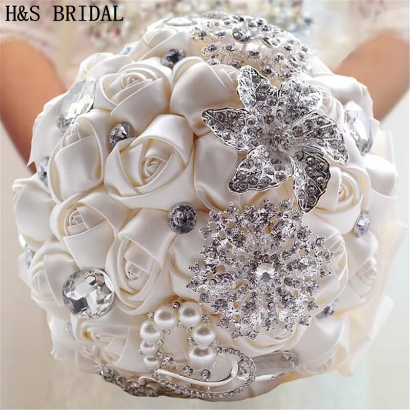 H&S Bouquet de Novia de Raso de novia ramo de flores hecho a Mano de Flores de la Boda de diamante de imitación de Dama de honor Ramo de flores de Cristal de 2020 ramo de mariage 2