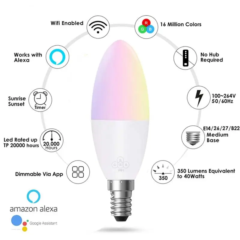 E14 E27 LED de la Lámpara LED Bombilla Tuya App de mando a distancia wifi Smart Bulbo de 6W LED RGB bombilla de trabajo con Alexa Echo principal de google Apple siri 2