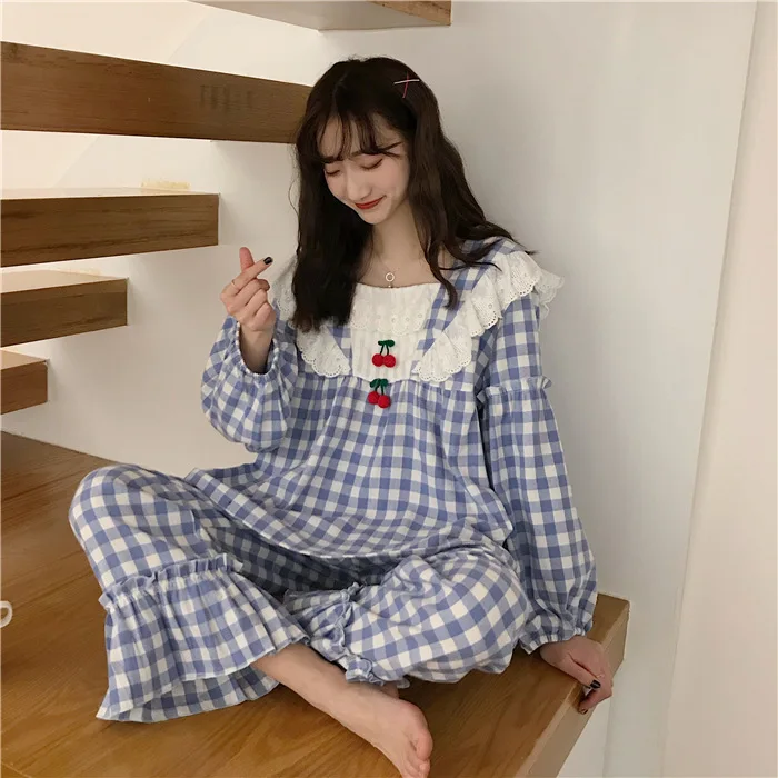 Fdfklak coreana de las nuevas mujeres del conjunto de pijama de manga larga a cuadros ropa de hogar ropa de damas dormir pijama dulce de algodón de la muchacha conjuntos de pijamas 2
