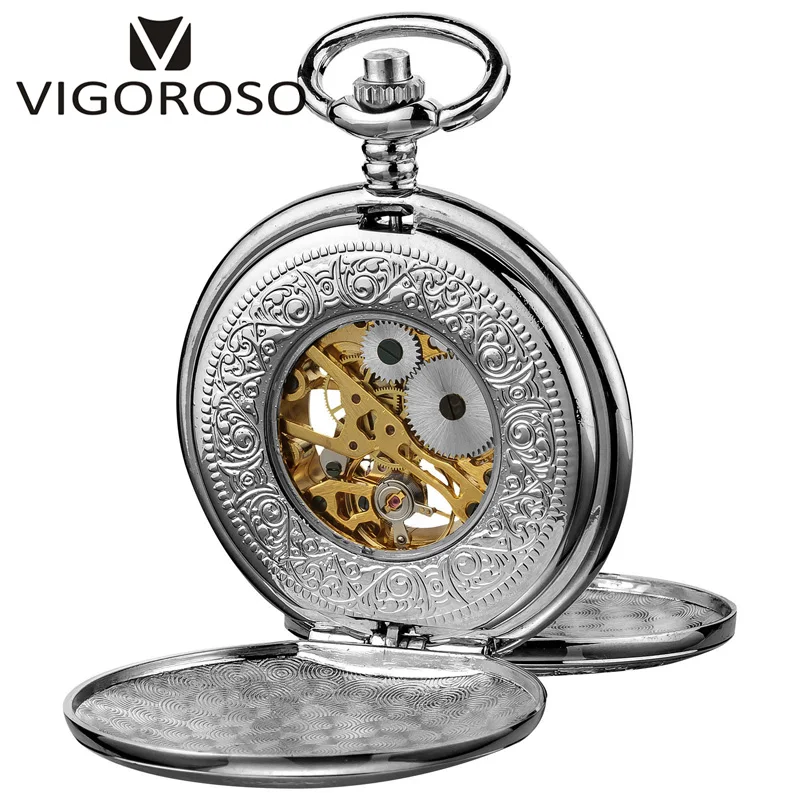 Tono de plata Antiguo Mecánico Reloj de Bolsillo Esqueleto Vintage Retro de la Mano de la bobina Steampunk FOB de la Cadena de Reloj Colgante de los Hombres de las Mujeres de Regalo 2