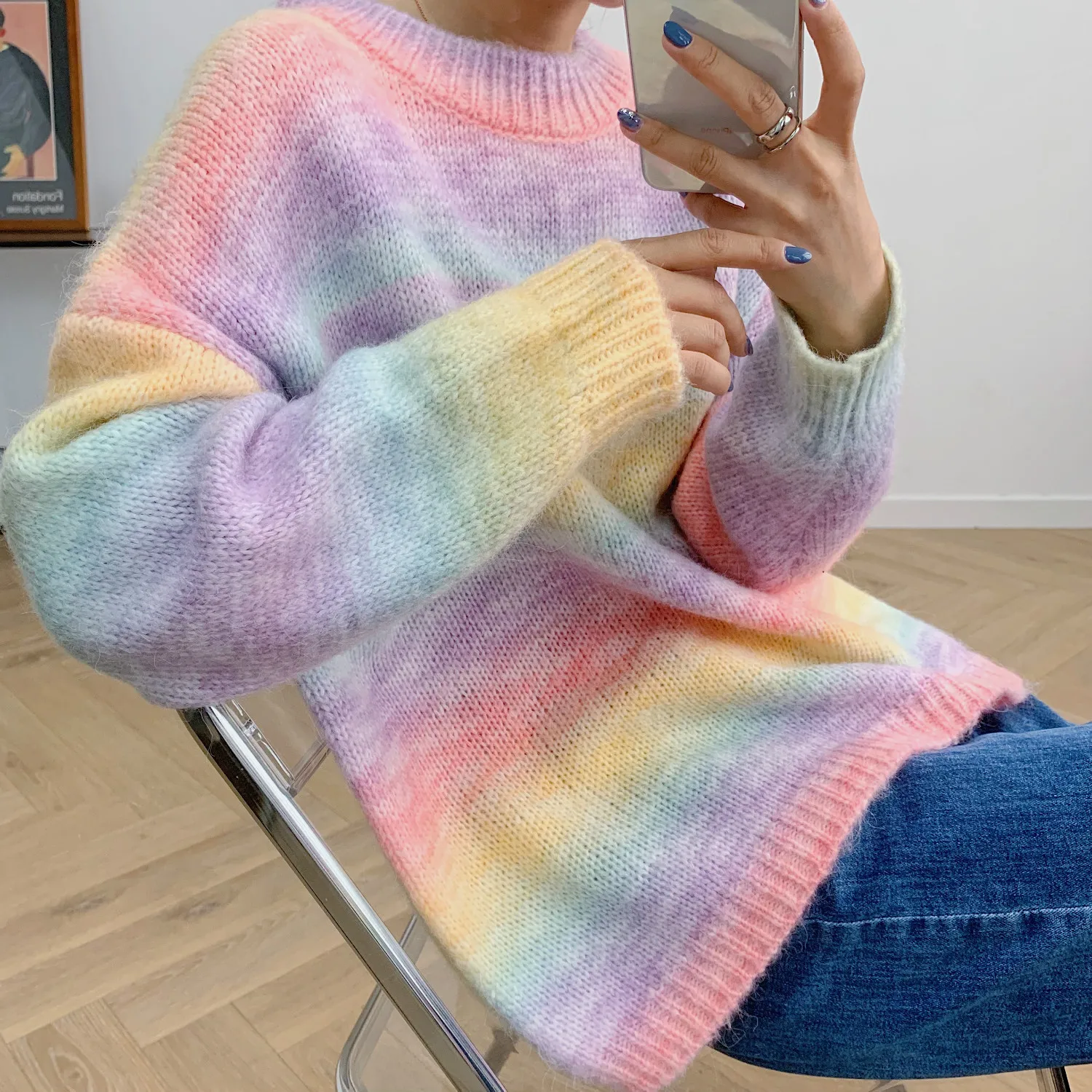 Otoño 2021 Nuevo de las Mujeres de Cuello Redondo de Punto de Jersey de Color Tie-dye de Impresión de la Moda de Gran Tamaño de Manga Larga Suéter 2