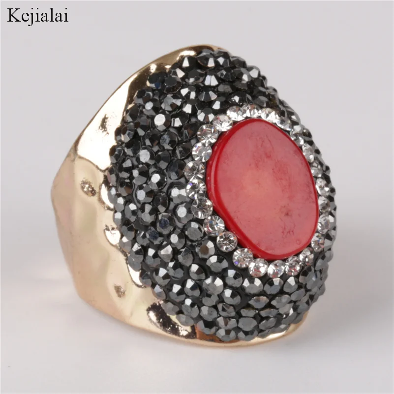 Rojo natural de coral fósiles de piedra de bolas encanto envoltura ajustable ancho oro abierto clavado anillo brazalete para mujer hombre 2