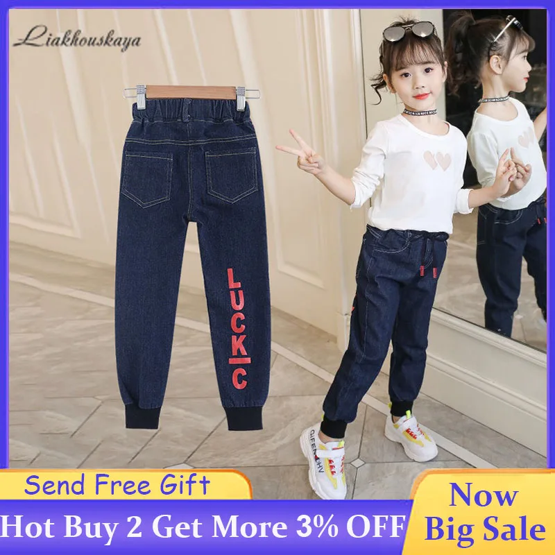 Jeans Para Niñas Primavera Otoño coreano Impresión Casual Jeans Cálida Carta de Jeans Para Niños Slim-fit pantalones abrigados de 4 a 14 Años 2