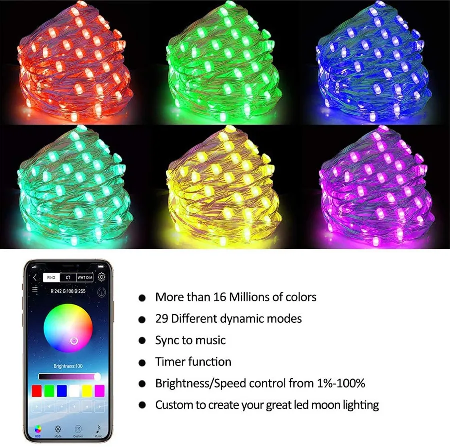 Thrisdar 5/10/20M Usb Led Cadena de Luz de Bluetooth de la Aplicación Controlada de Árboles de Navidad, Luces de LED que cambia de Color de Hadas Guirnalda de Luces 2