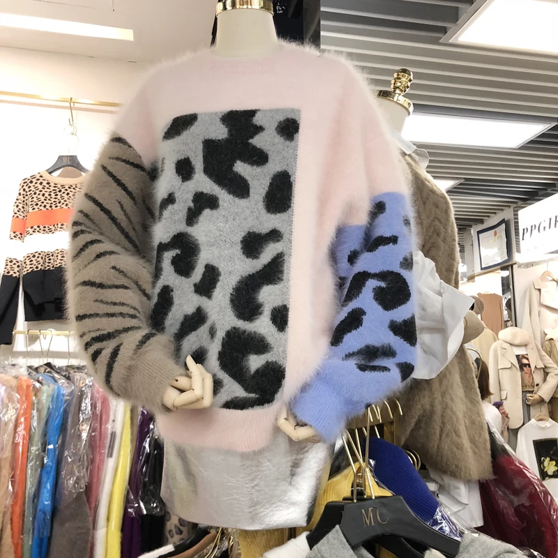 Las mujeres Suéter Casual Otoño Invierno 2020 coreano Estilo Vintage Leopard Cachemira Caliente Suéteres Costuras de Color de manga Larga Tops 2