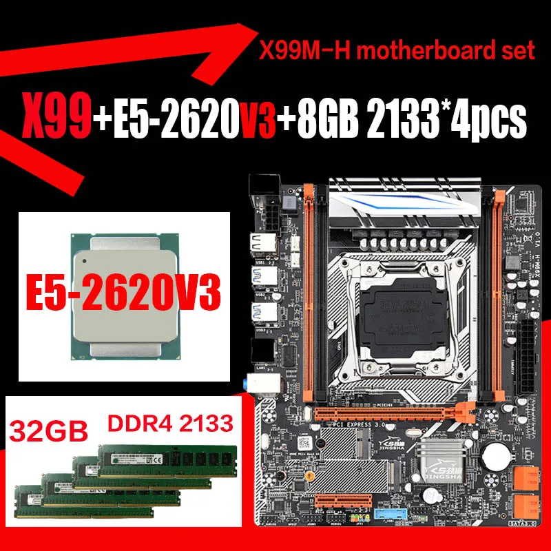 X99 M-H de la placa base conjunto con Xeon E5 2620 V3 LGA2011-3 CPU 4pcs X 8GB =32 GB DDR4 2133MHz memoria USB3.0 SATA3.0 m.2 2