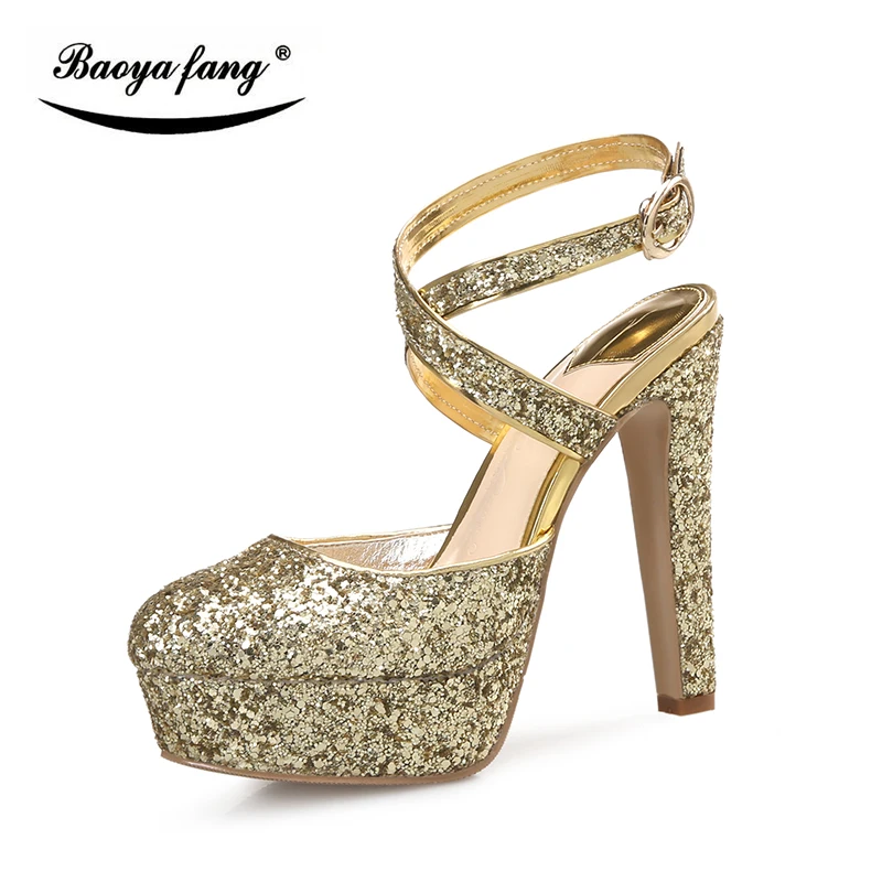 BaoYaFang Marca Blingbacks Bling Womens 12cm de tacón alto de la plataforma de los zapatos de mujer de moda de tacón grueso de la Bomba de oro/plata/rojo damas de zapatos 2