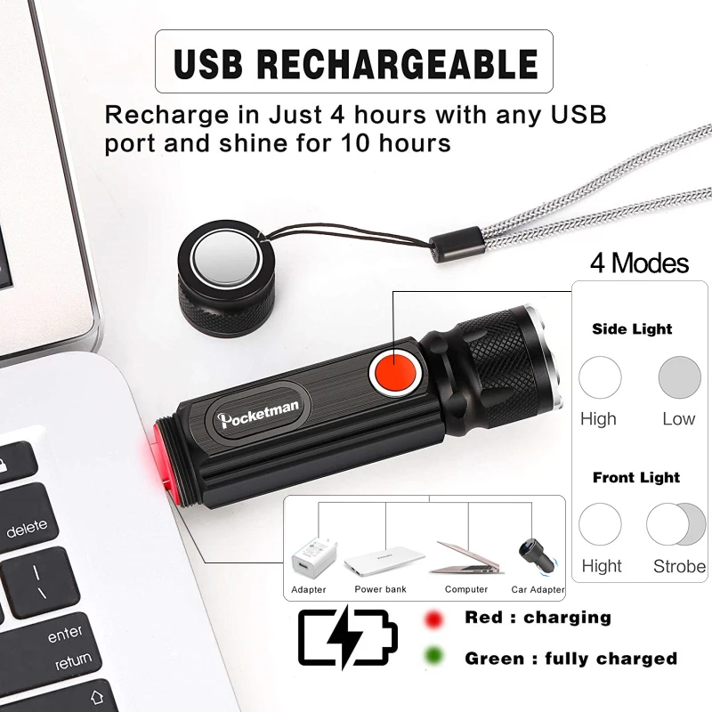 Aceptar Dropshiping Built-en la Batería de la Linterna de LED Recargable USB T6 Antorcha Lado de la MAZORCA de la Luz de la Linterna de la Cola Imán Lámpara de Trabajo z60 2