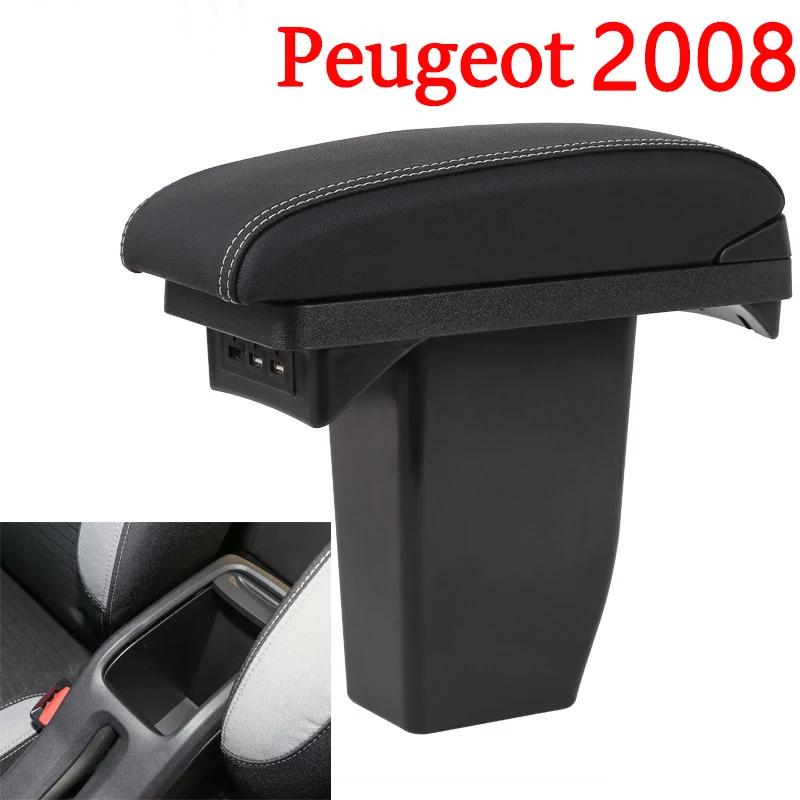Apoyabrazos Cuadro para Peugeot 2008 Automóvil Central de Almacenamiento de Contenedores de Carga USB de Cuero de la PU Negro 2