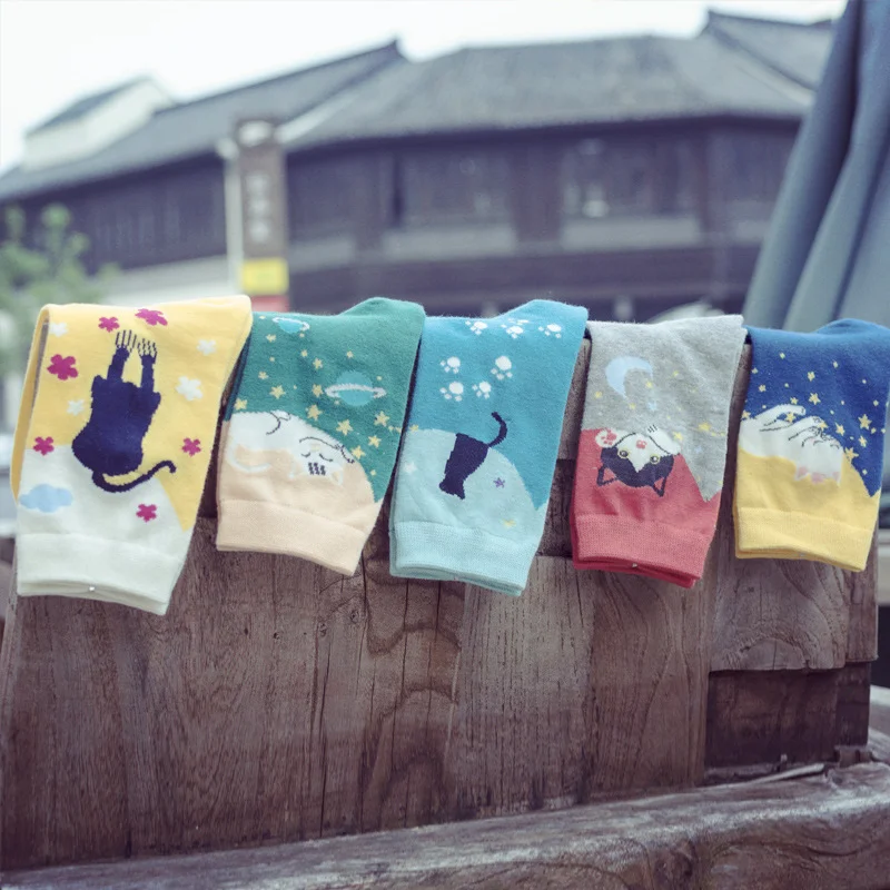 5 Pares Mujeres Kawaii Calcetines De Harajuku De Invierno De Impresión Gato Calcetines De Algodón Kawaii Streetwear Mujeres Transpirable Mujer Casual De Las Señoras Sokken 2
