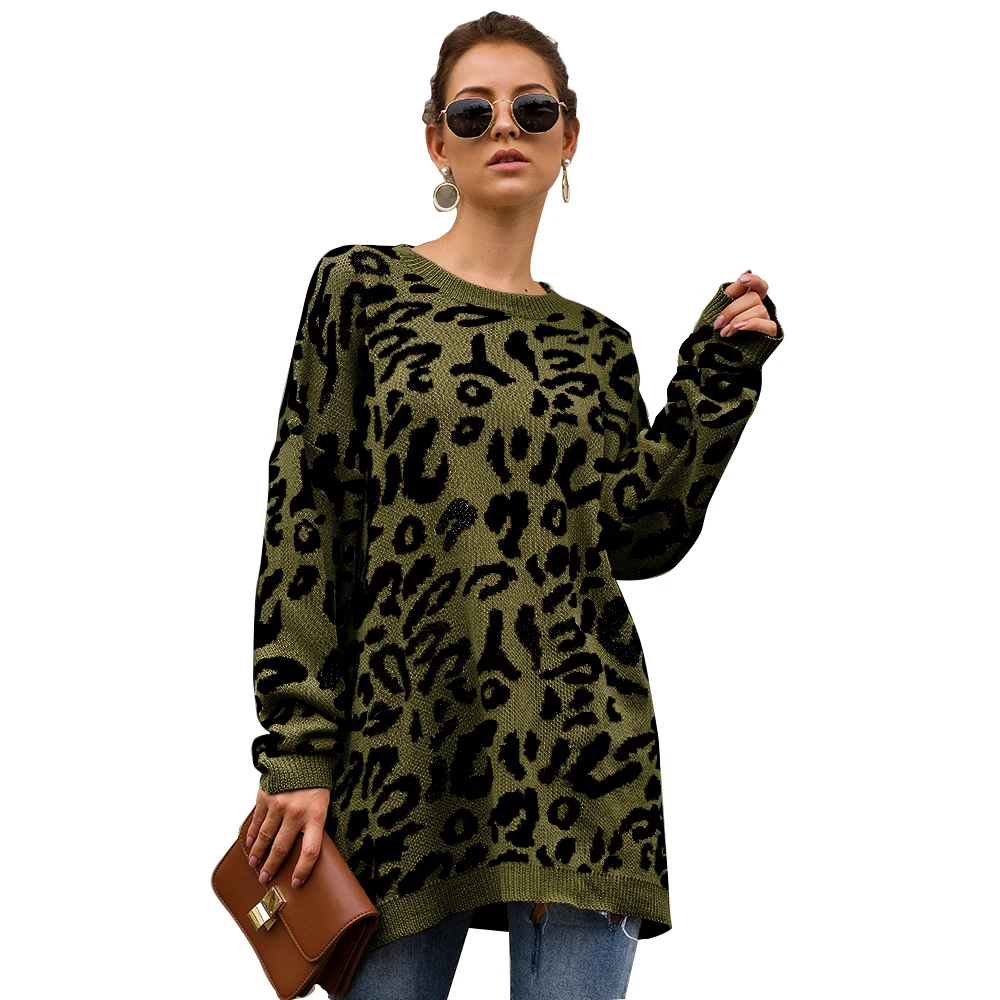 Adogirl patrón de leopardo o de cuello suelto mujeres suéteres de punto otoño grueso suéter largo mujer invierno 2019 80-100 cm suéter de lana 3