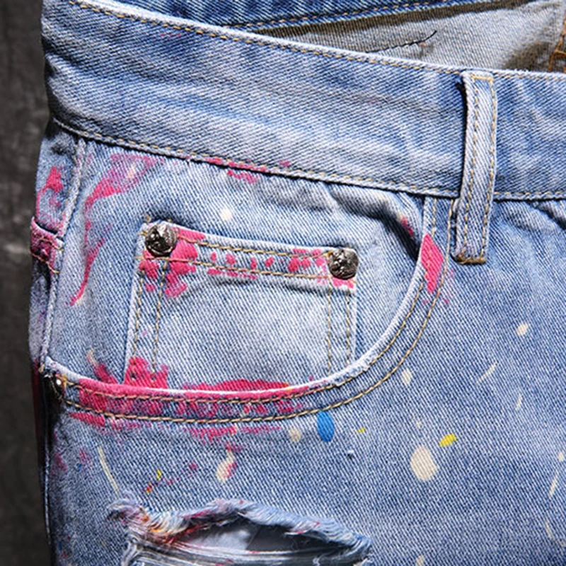 Sokotoo Hombres pintados agujeros rasgados cortos de mezclilla de Verano longitud de la rodilla de la calle angustiado destruido fringe mendigo jeans 3