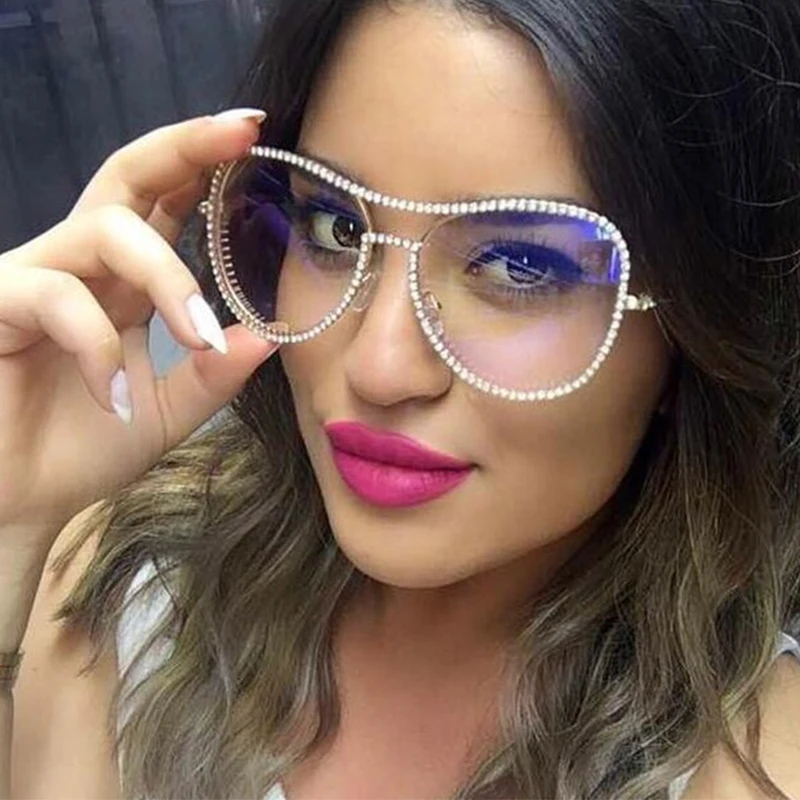 Más reciente de la luz azul gafas de Mujeres del Equipo de Marcos de Anteojos de la Moda Femenina Transparente piloto Sexy Diamante gafas de sol 3