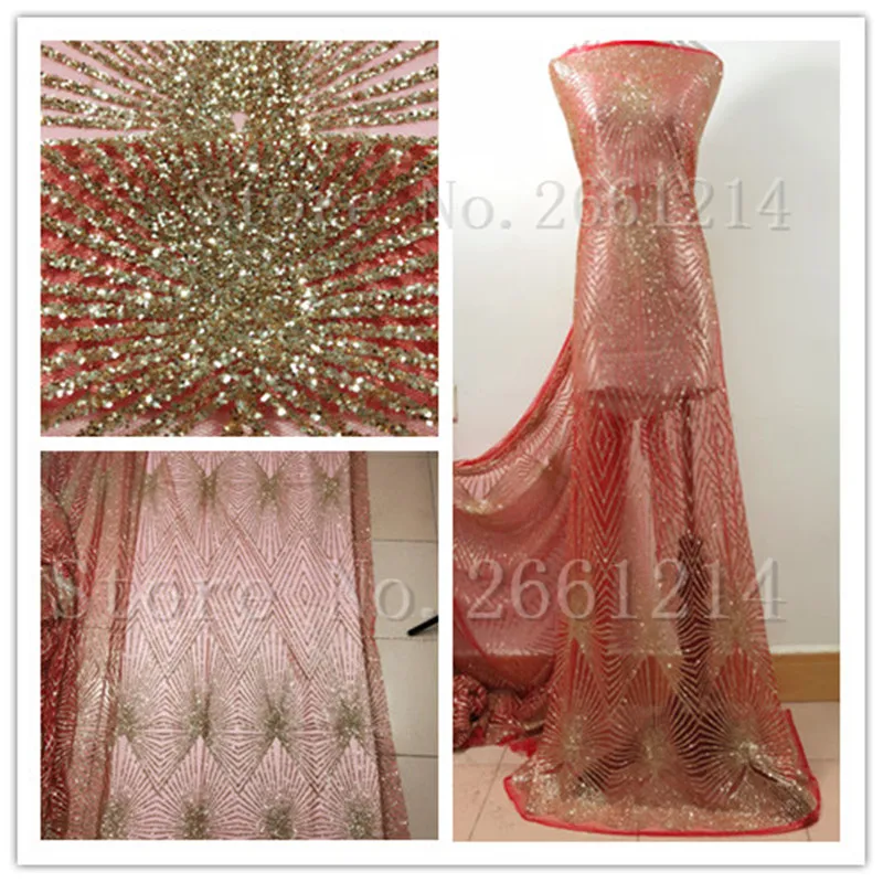 De color oro glitter rojo malla especial de la mano de impresión pegado brillo de la tela de encaje bordado del cordón para el vestido de noche 3