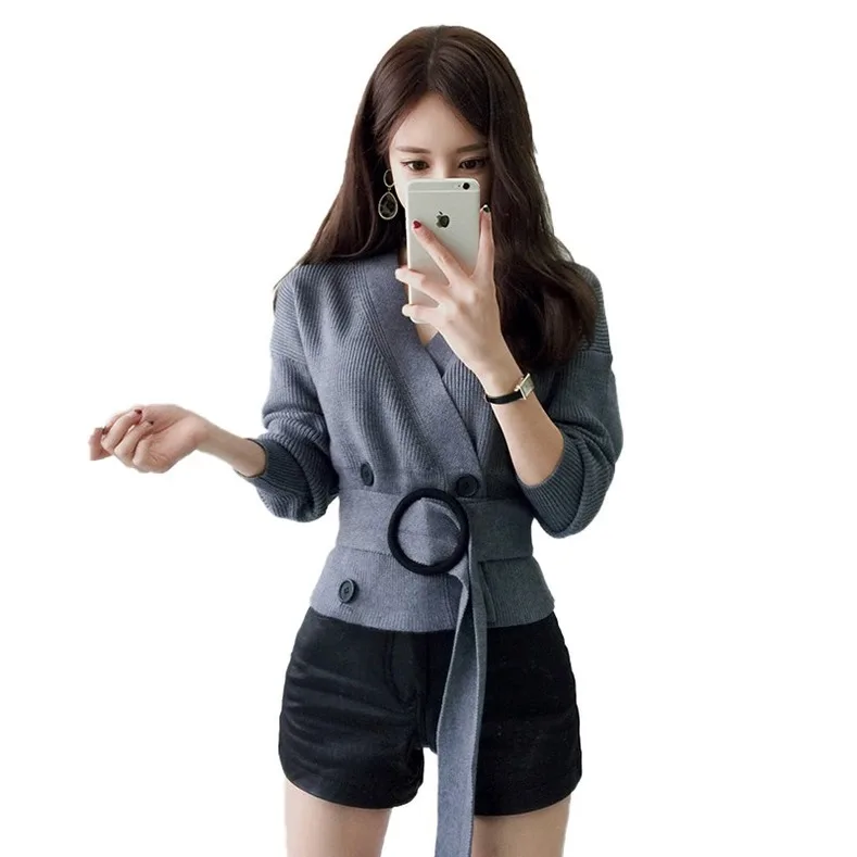 2020Autumn/invierno Nuevo coreano de los géneros de punto de las mujeres de manga larga chaqueta de la cintura con cordones suéter de pelo corto 3