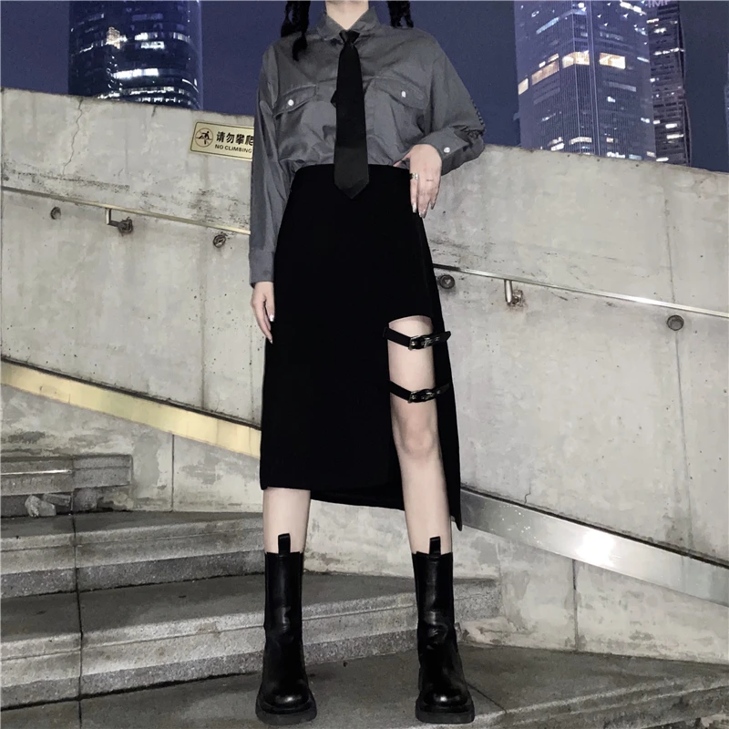 Ins coreano Ropa Negra Streetwear Ulzzang Fresco Ropa de Mujer Asimétrica Hipster Marca de Moda de las Señoras Faldas Estilo weilian 3