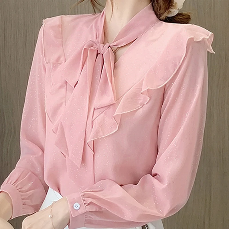 Blusa de Mujer Blusas Mujer De Moda 2021 Volantes V-cuello de la Rosa de Gasa de la Blusa de Manga Larga de las Mujeres Blusas Camisas Tops Blusa D494 3