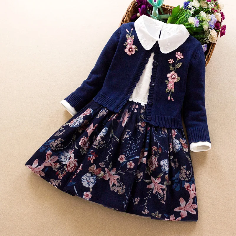 Los niños de las Niñas conjunto de Ropa de 2019 otoño invierno nueva niña bordado de algodón suéter de la capa+vestido de 2Pcs niña de la princesa de la ropa 3