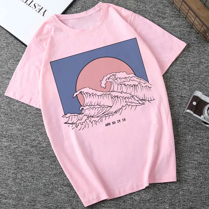 Nueva 2019 Y Así Es como, de las olas del mar Estética de la Camiseta de las Mujeres Tumblr 90 coreano Camiseta de Moda Lindo Verano Tops Casual de la Camiseta Femme 3