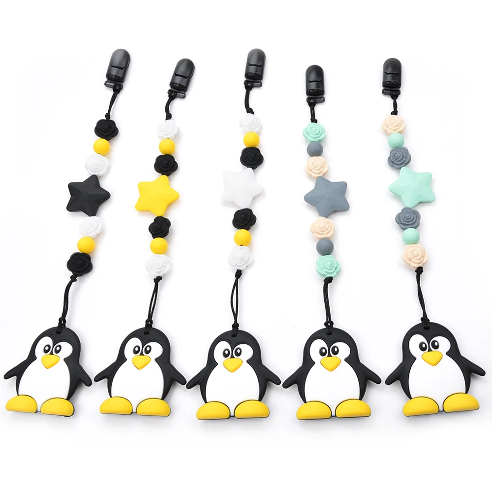 De silicona de Juguete Penguin Libre de BPA de Enfermería Suave y Corta la Cadena Colgante Collar de Flores de Perlas Portador de la Seguridad del Bebé Titular de Accesorios 3