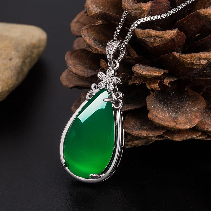 Natural Verde Jade, Ágata Gota de Agua Colgante de 925 Collar de Plata de China Tallada Encanto de la Joyería de la Moda de Amuleto para Mujeres Regalos 3