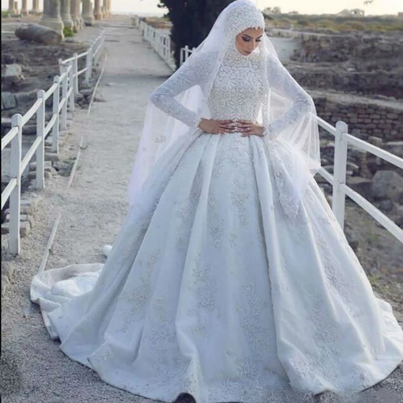 2020 Largo sin Mangas Musulmán Vestido de Novia con el hiyab Colorido de Encaje Apliques de Barrido Tren Vestidos de Novia Vestido De Novia 3