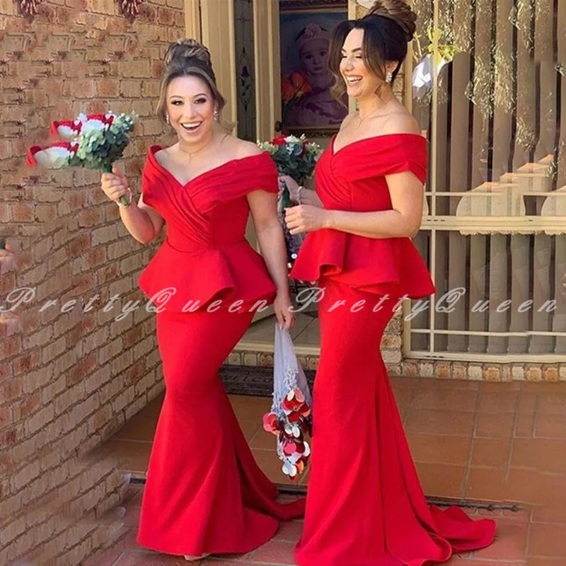 2020 Roja Largos Vestidos De Dama De Honor Con Pepulm Los Hombros Fuera De La Sirena Vestidos De Novia Vestido De Fiesta Vestido Formal 3
