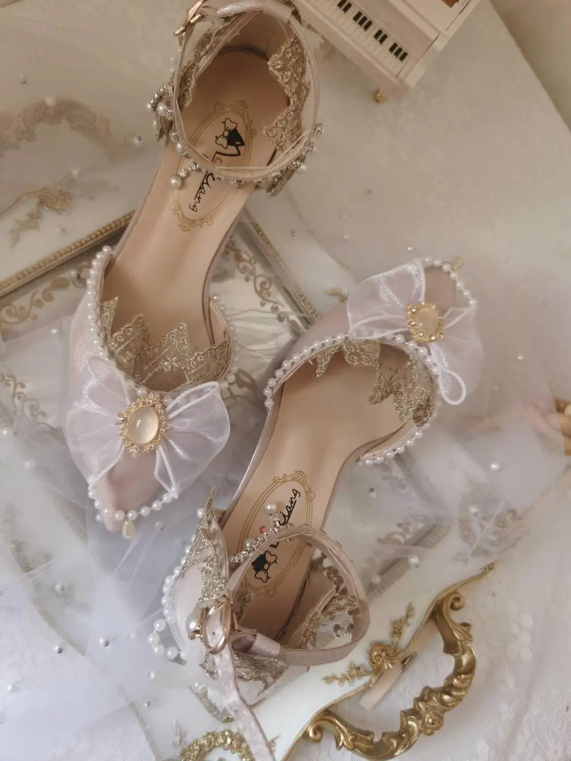 Lolita de la vendimia francesa palacio magnífico de la fiesta de té de tacón de 5-8cm kawaii girl princesa kawaii zapatos de punta retro encaje bowknot cos 3