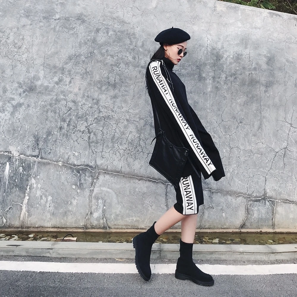 2019 suéter de Cuello alto de Paquete cadera falda de invierno versión coreana Lado del telar jacquar de las mujeres del traje de Moda de Dos piezas, vestidos para las mujeres 3