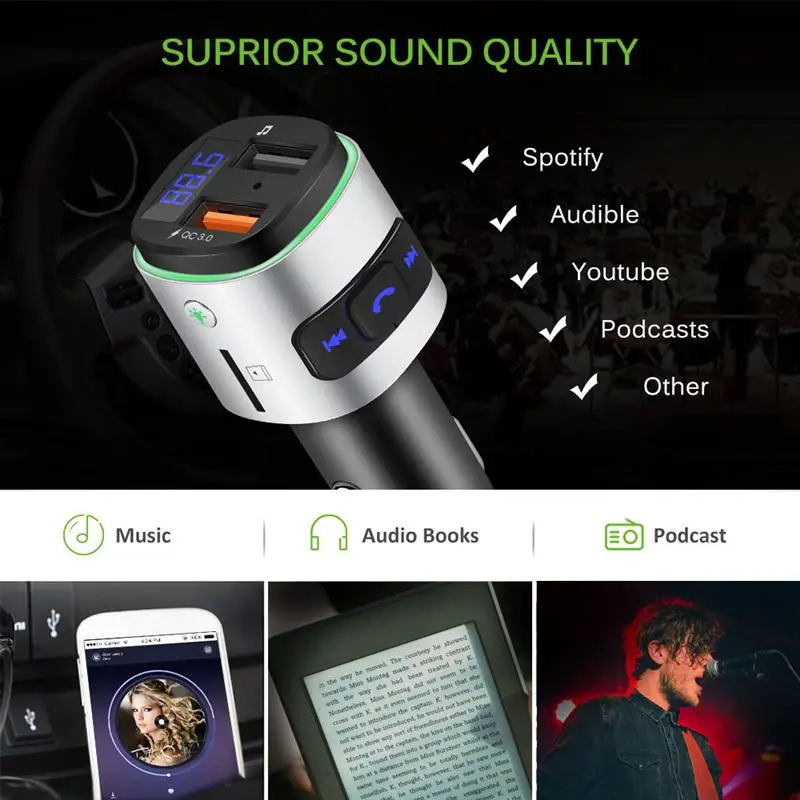 Transmisor de FM Aux Modulador de manos libres Bluetooth Kit de Coche de Audio de Coche Reproductor de MP3 con Carga Rápida de Doble Puerto USB 3
