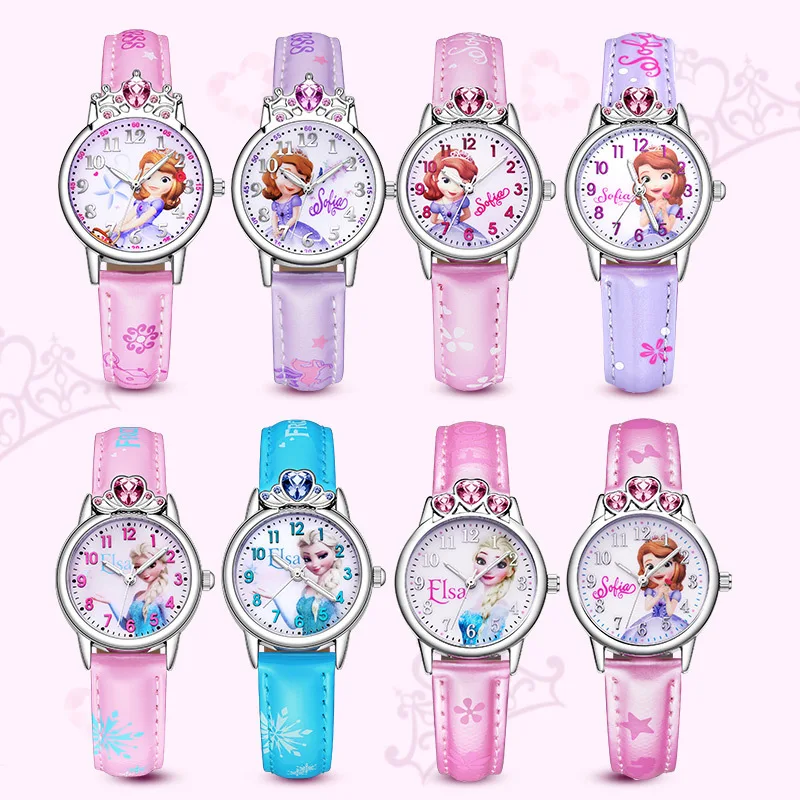 Disney Congelado Princesa Elsa Sofia Ver a las Niñas de color Rosa de Regalo Presentes Reloj de Lujo de la Corona de Diseño Romántico de Cuero de Cuarzo Reloj de MK-14045 3