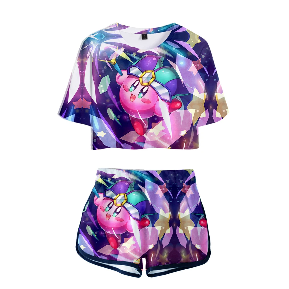 Popular 3D Nuevas camisetas Expuestos en el Ombligo de la Camiseta + pantalones Cortos de Verano de kirby de las Mujeres de dos piezas tops Casual Caliente de las mujeres de la muchacha de los Conjuntos de 3