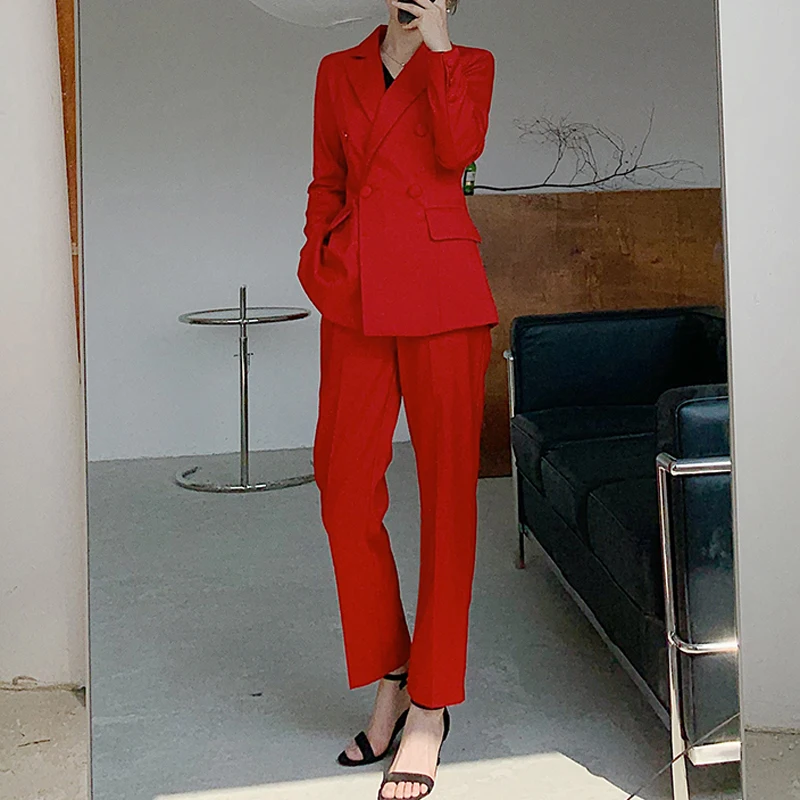 BGTEEVER Moda Rojo de las Mujeres Chaqueta de Traje de Doble botonadura Slim Mujer Chaqueta de Pantalón de Traje OL Estilo de 2 Piezas de Conjunto de las Mujeres Blazer Conjunto de 2020 3