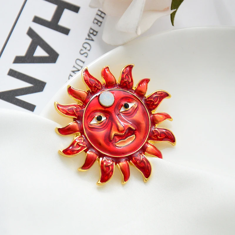 CAIZI 2019New Rojo Lindo dios del Sol de la Broche del Rhinestone de la Flor de Broches Para las Mujeres Esmalte Pin de la Joyería de la Boda Ropa Accesorios Regalos 3