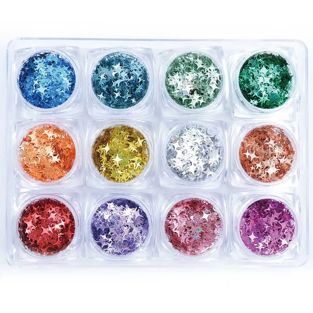 1 Caja de 12 Colores Glitter 3D Ultrafino de Lentejuelas Con 6 Diseño de Copo de nieve de la Cabeza de Mickey Estrella de Cuatro Estrellas Linellae para el Arte de Uñas Decoración 3